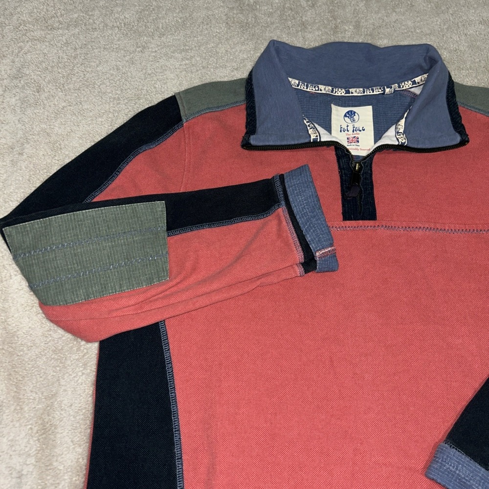 FatFace Airlie Mens Large Salmon Blue Colorblock 1/4‎ Zip Pique Sweatshirt 90's